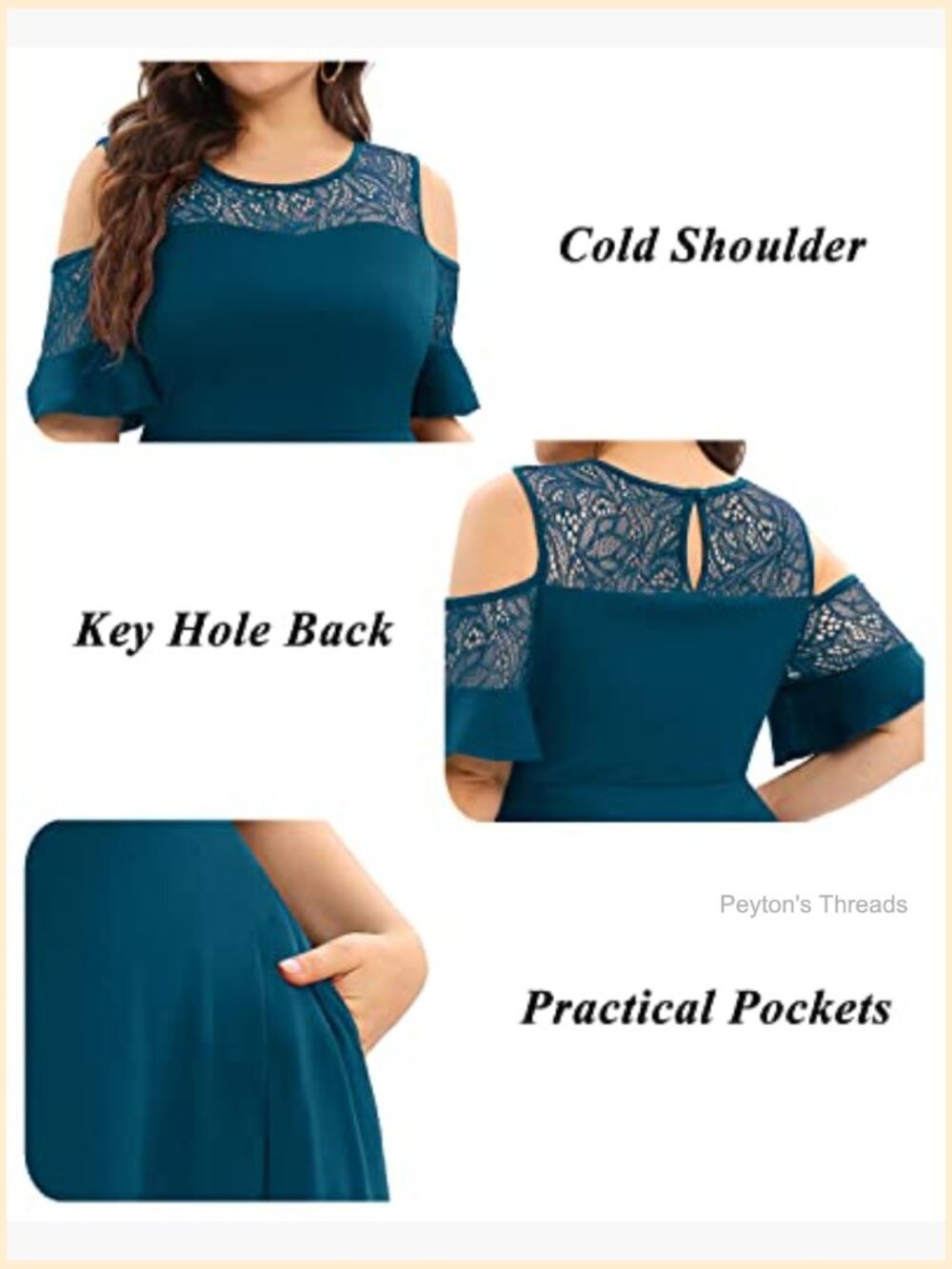 Plus Size Cold Shoulder Lace Midi Dress with Pockets - Picture 5 of 7